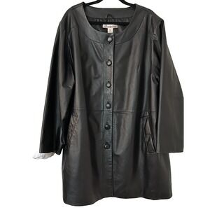 Genuine Leather Black Swing Coat 3X Y2K Minimalist Button Front Jacket Pockets